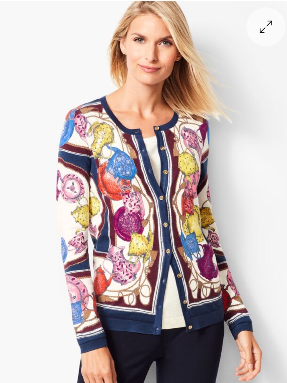 Talbots Tea Party Print Charming Cardigan Sweater Sz L Petite w MEASUREMENTS